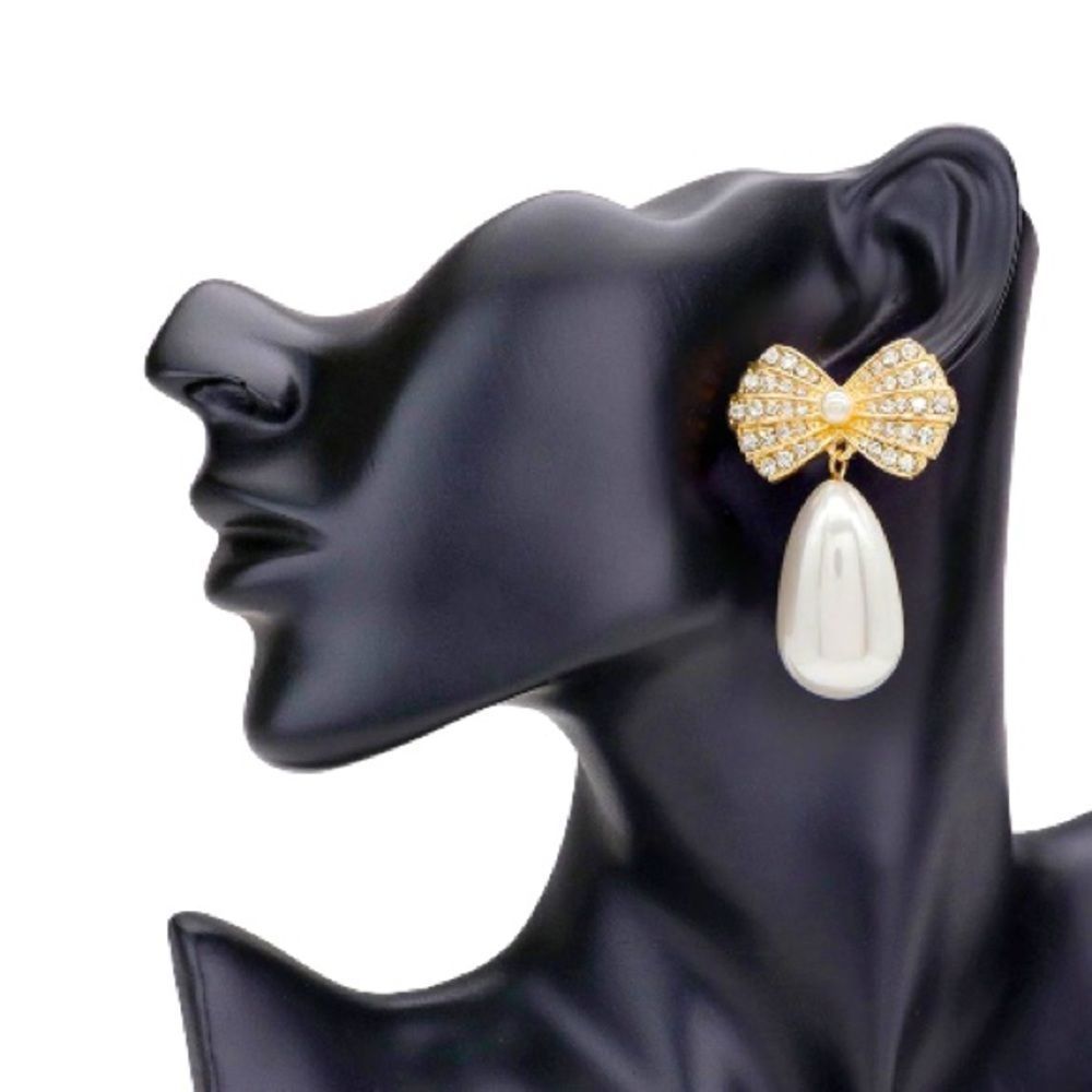 Elegant Gold Rhinestone Pave Ribbon & Freshwater Pearl Statement Earrings